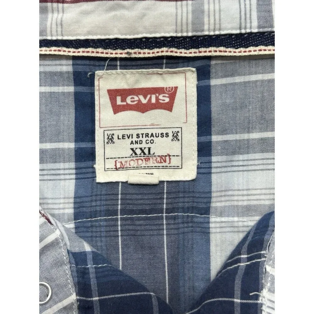 Levi's Western Shirt Mens XXL 2XL Modern Fit Blue White Plaid Pearl Snap